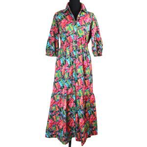 Dress NAOO COTTON Floral Maxi Dress Tropical Button Front Collar Elastic Waist M